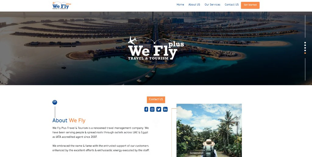لقطة من الصفحة الرئيسية لموقع We Fly Plus للسفر والسياحة