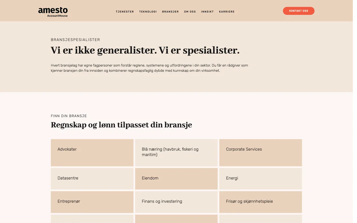 Amesto industries page: accounting and payroll by sector