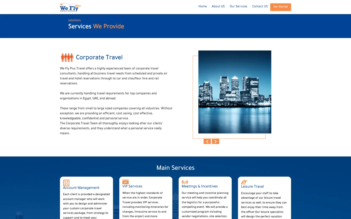We Fly Plus services page: corporate travel, with the four main service cards below it